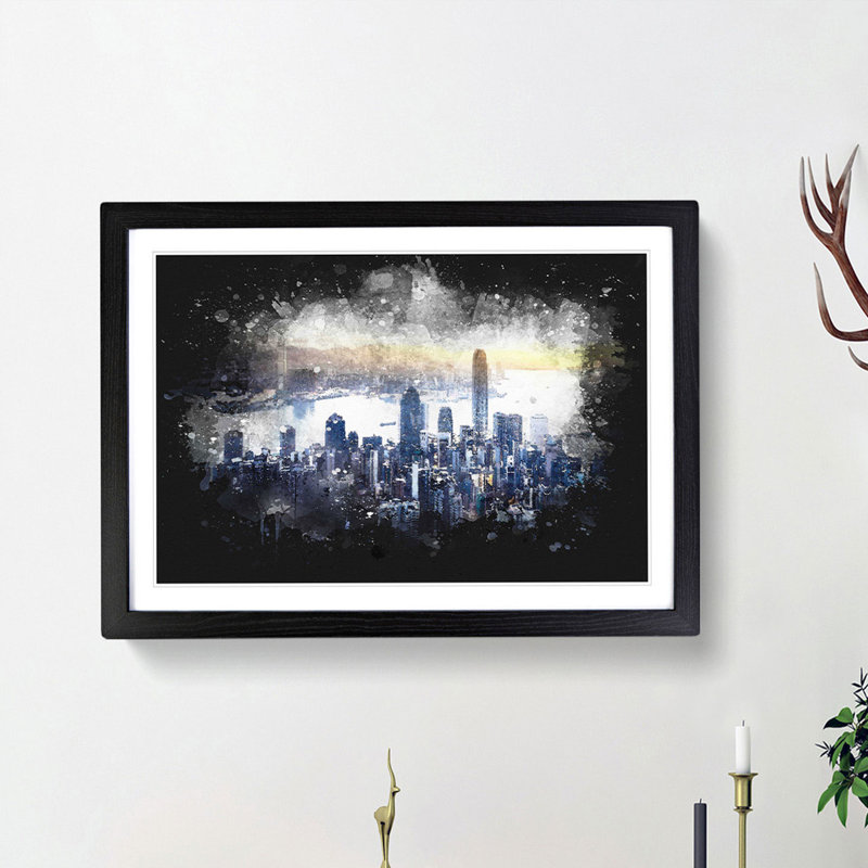 Hong Kong Skyline in China - Picture Frame Graphic Art Print, 33cm H x 45cm W x 2cm D, Black Framed