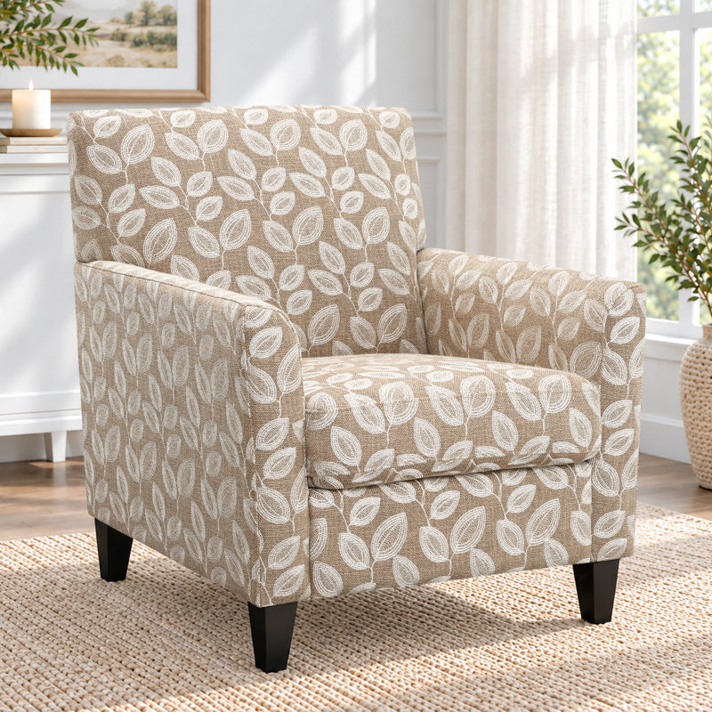 Fauteuil d'appoint rembourré de style moderne du milieu du siècle, 79 cm, jacquard botanique, camel, Chameau