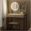 Meuble-lavabo compact avec miroir DEL, 3 modes d'éclairage, prise de courant, tiroir, tablettes et tabouret rembourré pour la chambre à coucher-129950603