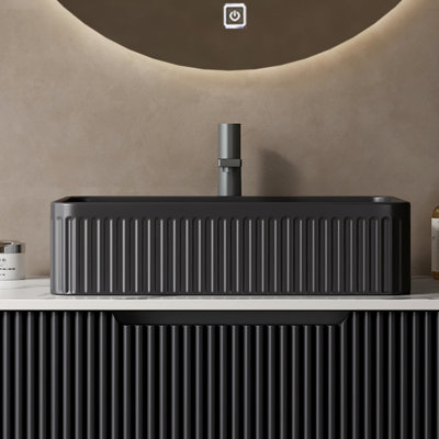 Lavabo de salle de bain rectangulaire en céramique noire 20 po sans robinet, bords courbés, matériau de haute qualité, lavabo mat sans piscine pour salle de bain, robinet ou armoire, surface facile à nettoyer, bon