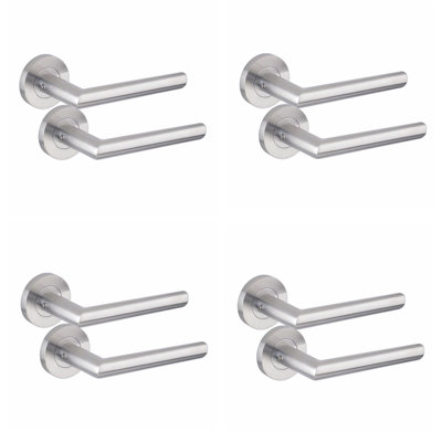  4 Sets Mitred Design Door Handles Latch on Round Rose in Satin Nickel Finish - 52mm Diameter