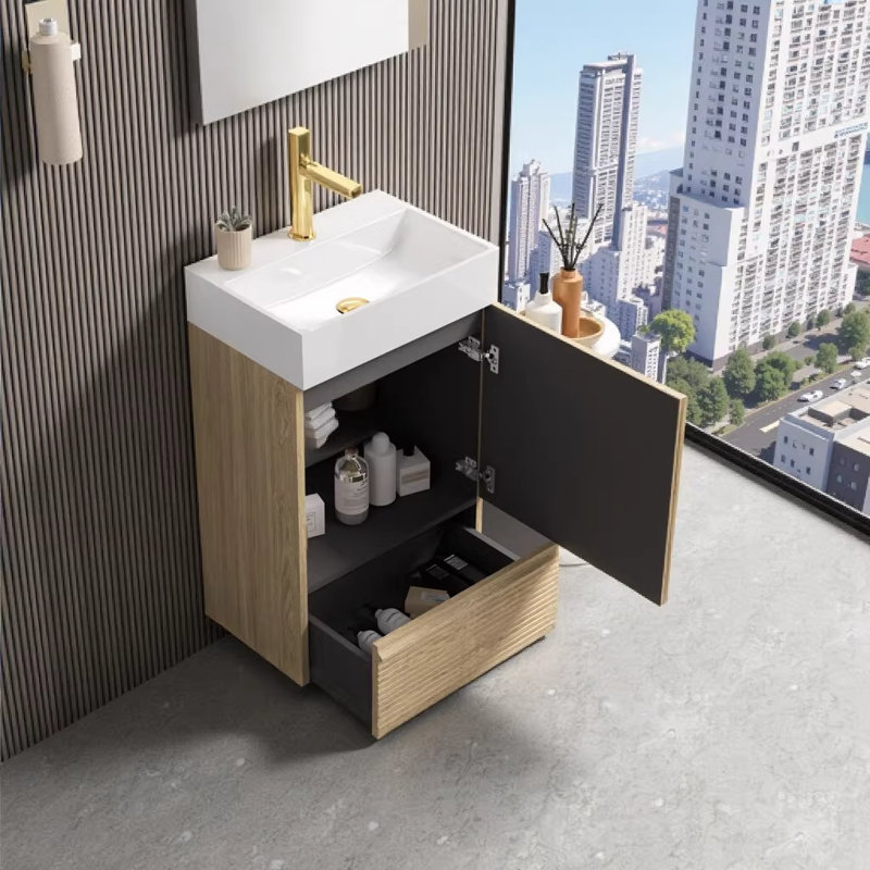Meuble-lavabo sur pied rayé en chêne clair 20 po Gada avec lavabo en céramique blanc intégré, armoire moderne avec porte à fermeture en douceur et tiroir pour les petites et moyennes salles de bain