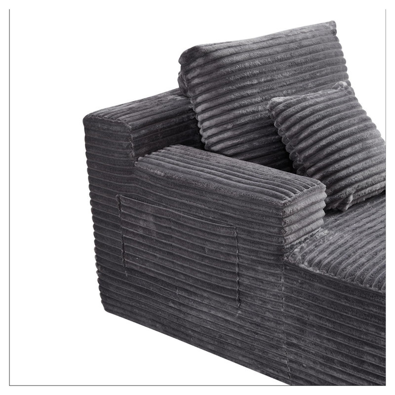 Chaise longue grise en peluche avec ressorts ensachés, aucun assemblage requis, design orienté vers la gauche pour le salon