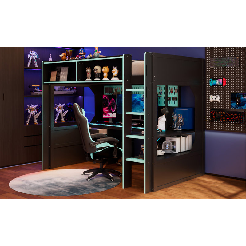 Lit mezzanine simple avec bureau intégré et lumières, structure de lit en bois moderne avec bureau et station de charge intégrée, noir et bleu