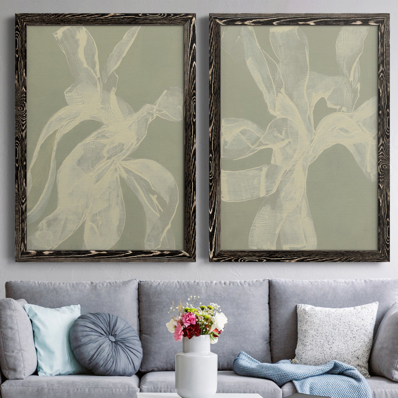 «White Ribbon On Celadon I», toile encadrée de qualité supérieure - prête à être accrochée, Toile avec cadre noir