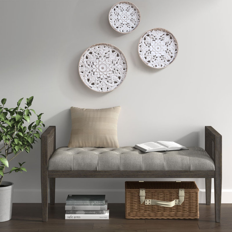  Ensemble de 3 décorations murales en bois sculpté à motif floral blanc patiné