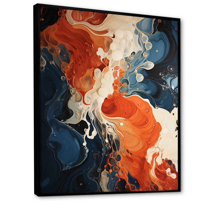 Encre liquide bleue et orange V - Art mural abstrait, Cadre flottant noir, H 20 po x l 12 po x P 1 po
