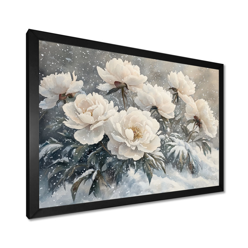 Hiver pivoines dans les congères IV - pivoines, art mural, H 12 po x l 20 po, Cadre simple noir