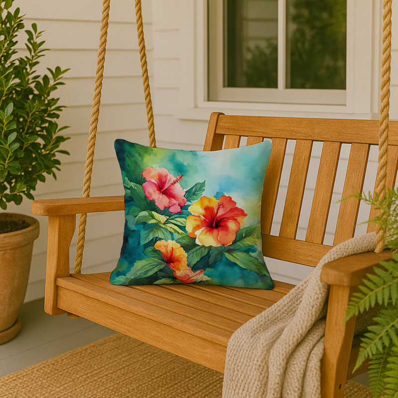 Coussin Hawaii, Hibiscus à l'aquarelle, Carré 18 po