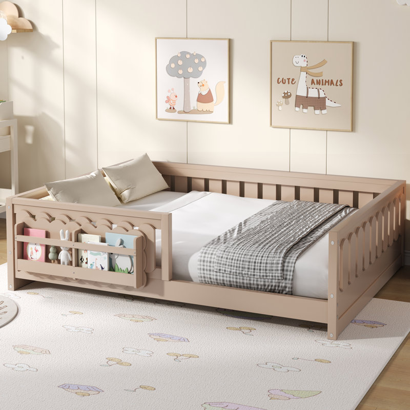 Full Size Wood Platform Bed with Guardrail and 2 Bookshelves, Natural, Beige, Full
