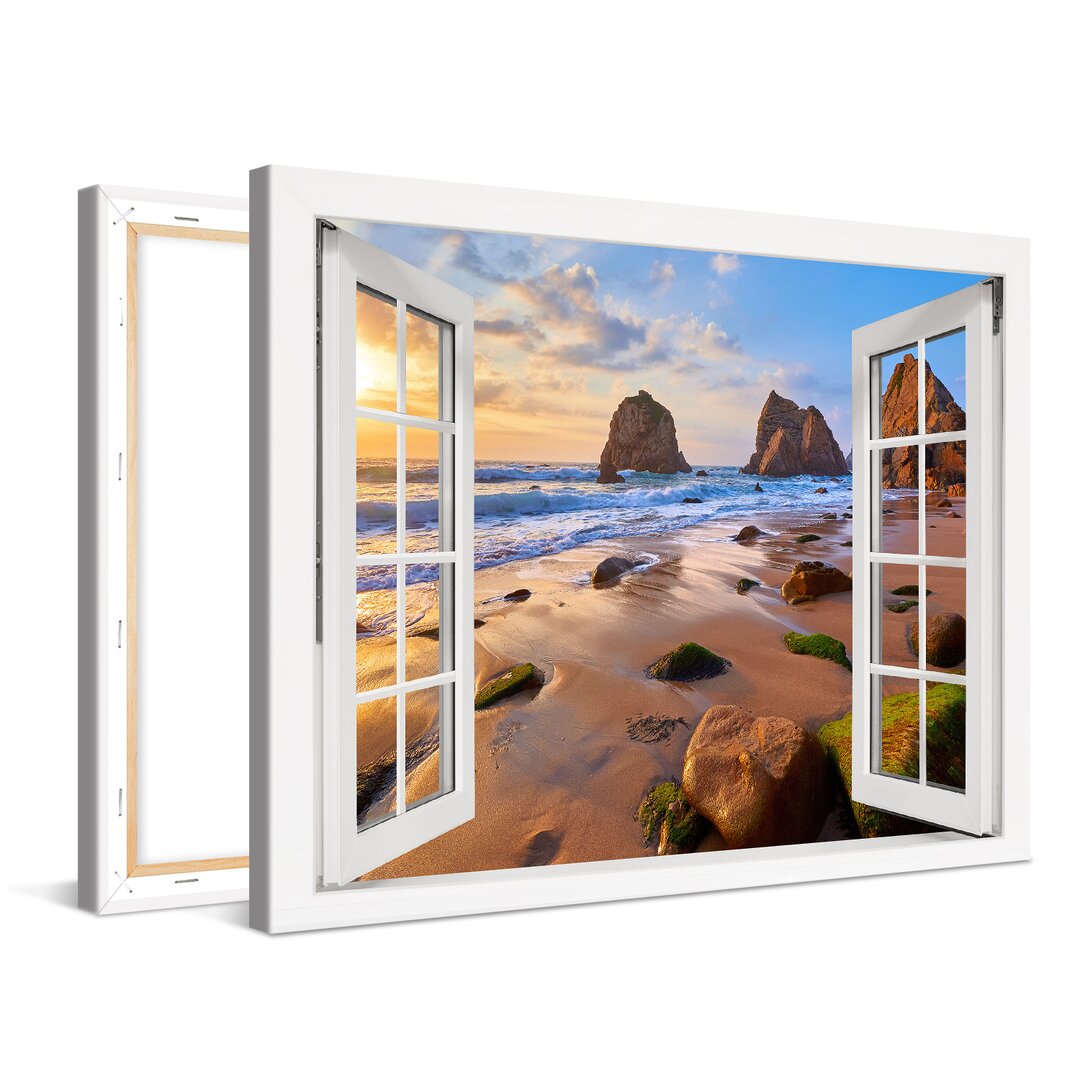 Leinwandbild Sea Beach With Rocks Window Xcm – Premium Leinwanddruck – Kunstdruck Auf Cm Holz-Keilrahmen Für Schlaf- Und...