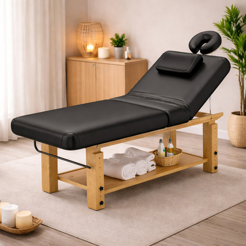 Table de massage professionnelle de 75 pouces avec hauteur réglable et appui-tête, lit de spa en cuir avec cadre en bois massif