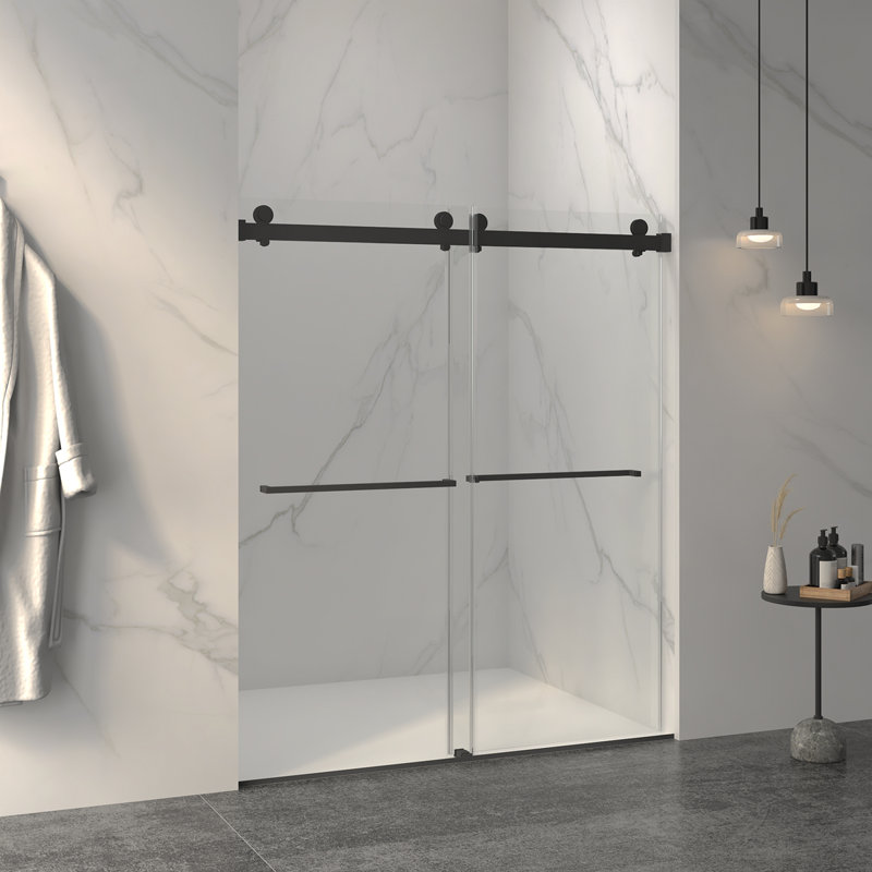 56-60"W X 70"H Frameless Double Sliding Shower Door,5/16" (8Mm) Thick SGCC Tempered Clear Glass,Double Side Easy Clean Coat, Matte Black Finished With Buffer