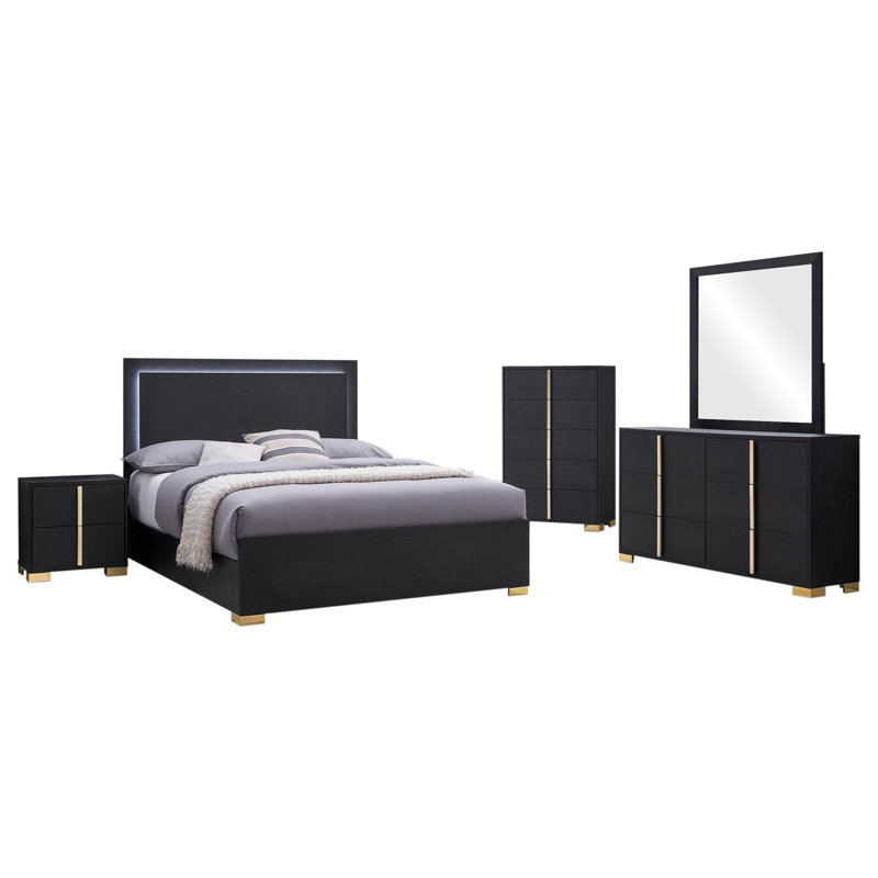 Sabrielle Bedroom Set, King, Black, 5 Pcs: Bed, Nightstand, 2 Dressers, Mirror