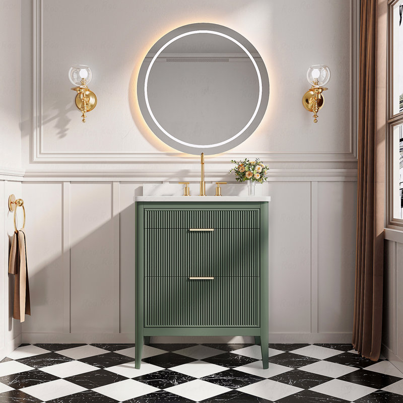 Meuble-lavabo autoportant à simple cuve en bois massif avec plateau en marbre d'ingénierie, Vert, 30"