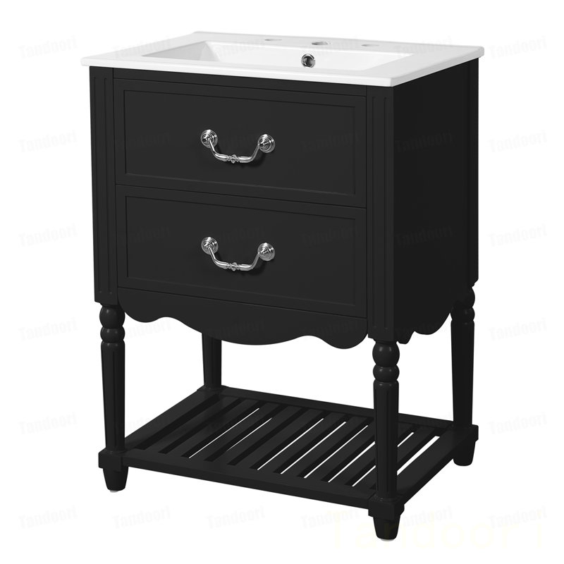 Bathroom Vanity with Ceramic Sink, Bathroom Cabinet with Two Soft-Close Drawers and an Open Shelf, Vintage Elegant Wave Design