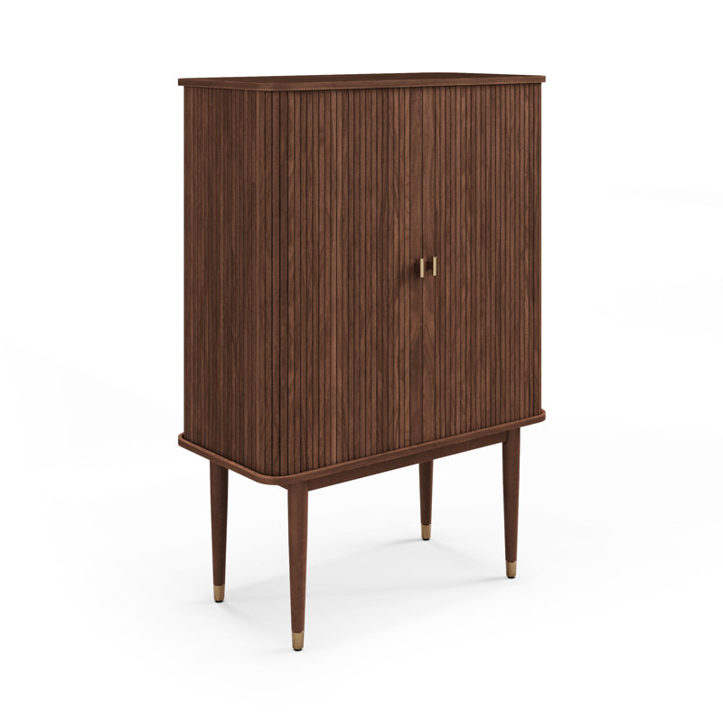 Corrigan Studio Walnut Wood Mid Century Mandea Bar Cabinet Stylish Modern Storage with Shelves and Glassware Doors
