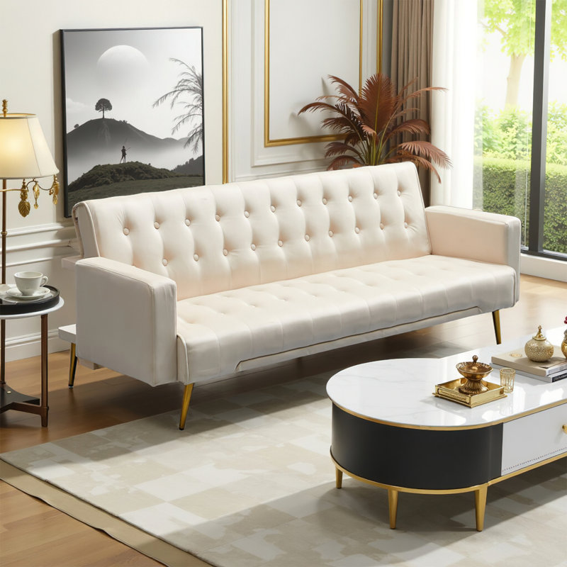 Modern Velvet Convertible Sofa Bed With Tufted Design & Golden Metal Legs, Beige Velvet