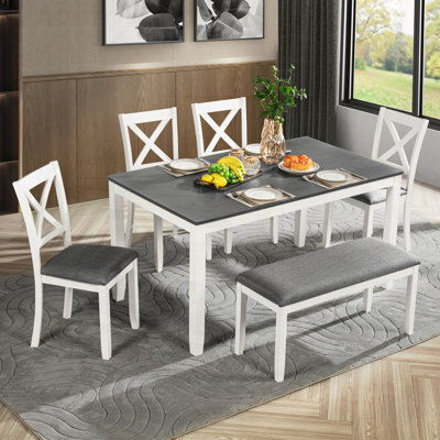 6-Piece Dining Table Set with Bench, Wood Dining Table Set for 6, Modern 6-Person Dining Table Set for Dining Room, Kitchen
