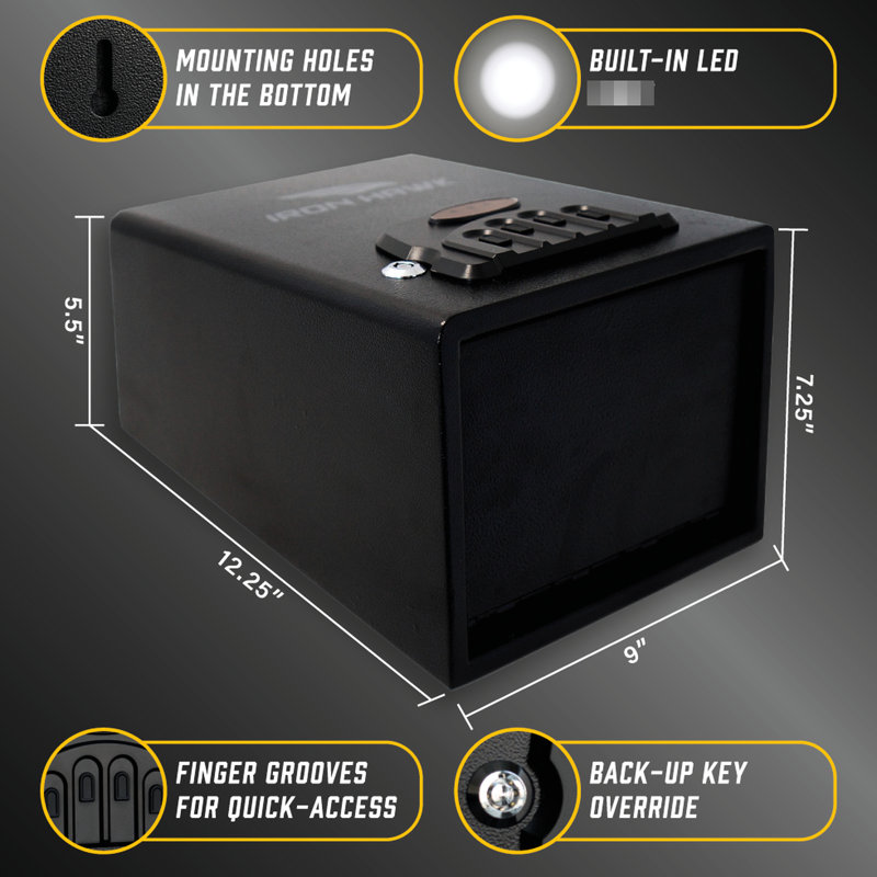 Grand coffre-fort en acier noir mat avec accès rapide - poids de 8,56 lb, 7,09 po Hauteur, largeur de 8,78 po, profondeur de 11,61 po pour les objets