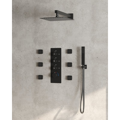 RelaxaJet Thermostatic Shower Faucet System 12" Rainfall Shower Head with Rough-in Valve