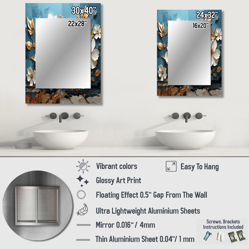 Blanc et doré, charmante fleur de printemps Blooms I - miroir mural fleurs, miroir décoratif traditionnel, impression d'art en métal