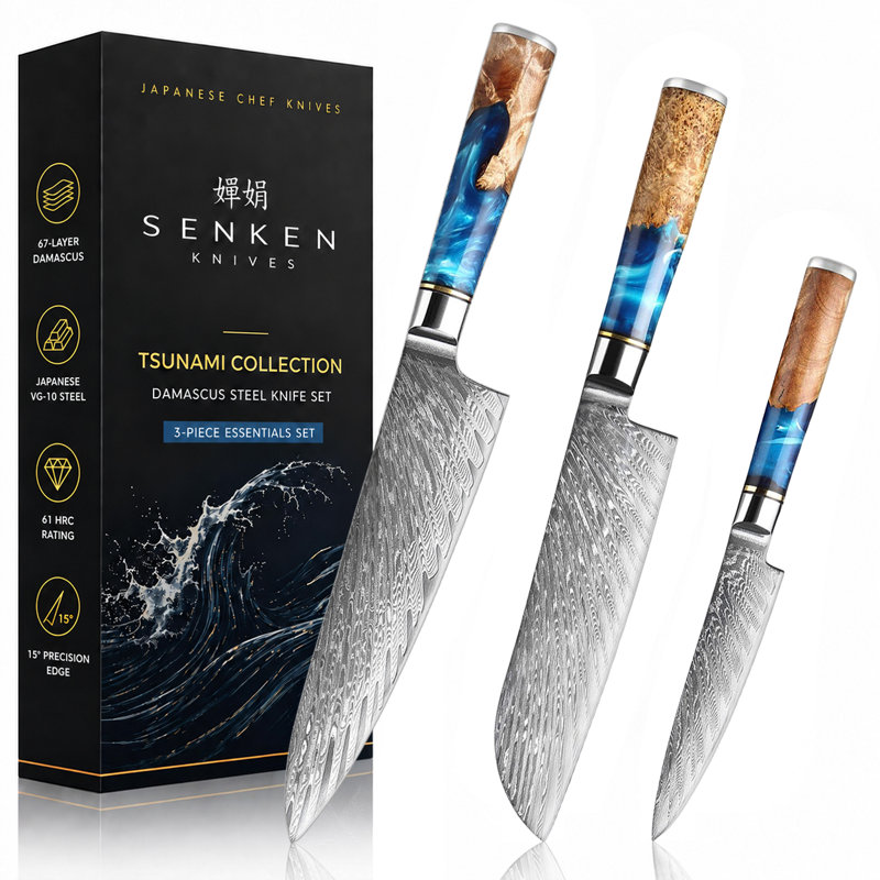 3-Piece Damascus Kitchen Knife Set - Tsunami Collection Essentials - Japanese VG10 Steel with signature blue resin burl wood handles- 8" Chef's Knife, 7" Santoku, 5" Utility