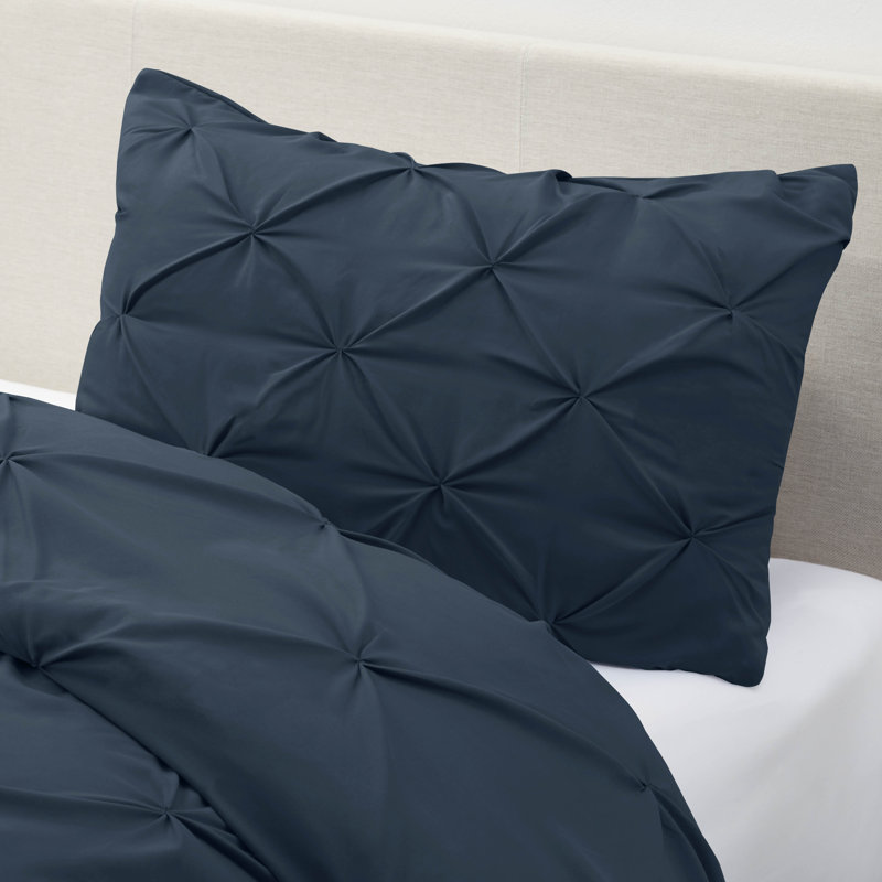 Double Brushed Pleated Duvet Cover Set, Navy, Twin Duvet Cover + 1 Standard Pillowcase