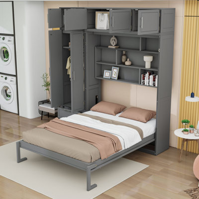 Grand lit escamotable en bois 2 tiroirs avec garde-robe et armoires
