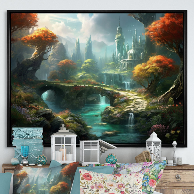 Impression sur toile Fairytale Castle I - Châteaux, H 34 po x l 44 po x P 1,5 po, Cadre flottant noir