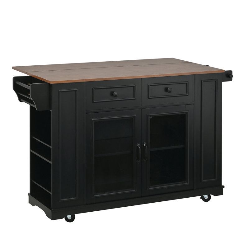 Kitchen Island with Glass Door Storage, Power Outlet and Open Shelves, Black