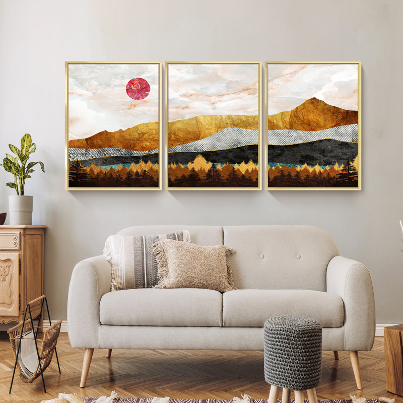 Paysage naturel - Peinture sur toile 3 pièces, H 16 po x l 36 po x P 1,5 po, Or