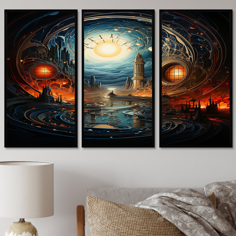 «Eclipse Over Arcadia Mystic Towers», ensemble d'art mural City Fantasy, Cadre flottant noir, H 28 po x l 36 po x P 1 po