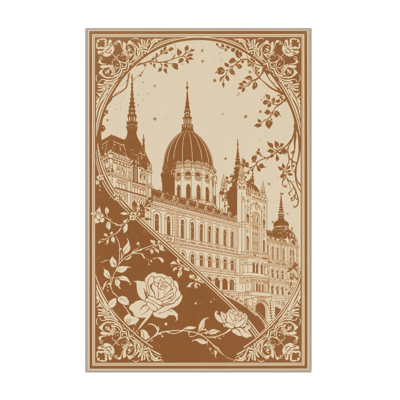 Machine Washable Pandelica Budapest Parliament Building Classic Floral Rug in Beige – Beige Binding, 7x9