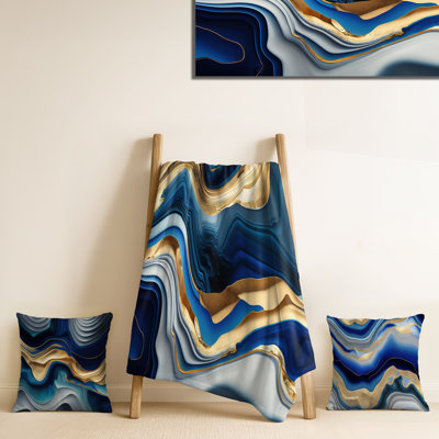 Ensemble de couverture et coussin décoratif Vibrant Blue and Gold Agate II - Abstract