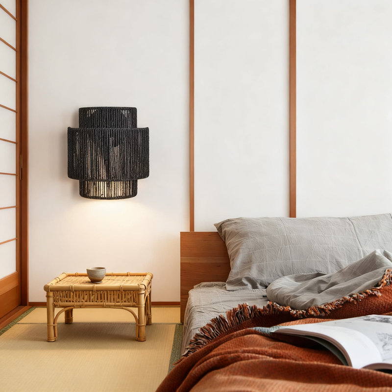Applique murale en corde de chanvre tissée à la main, luminaire bohème en rotin avec base E12, veilleuse encastrée de style campagne moderne pour le couloir du salon de la chambre à coucher