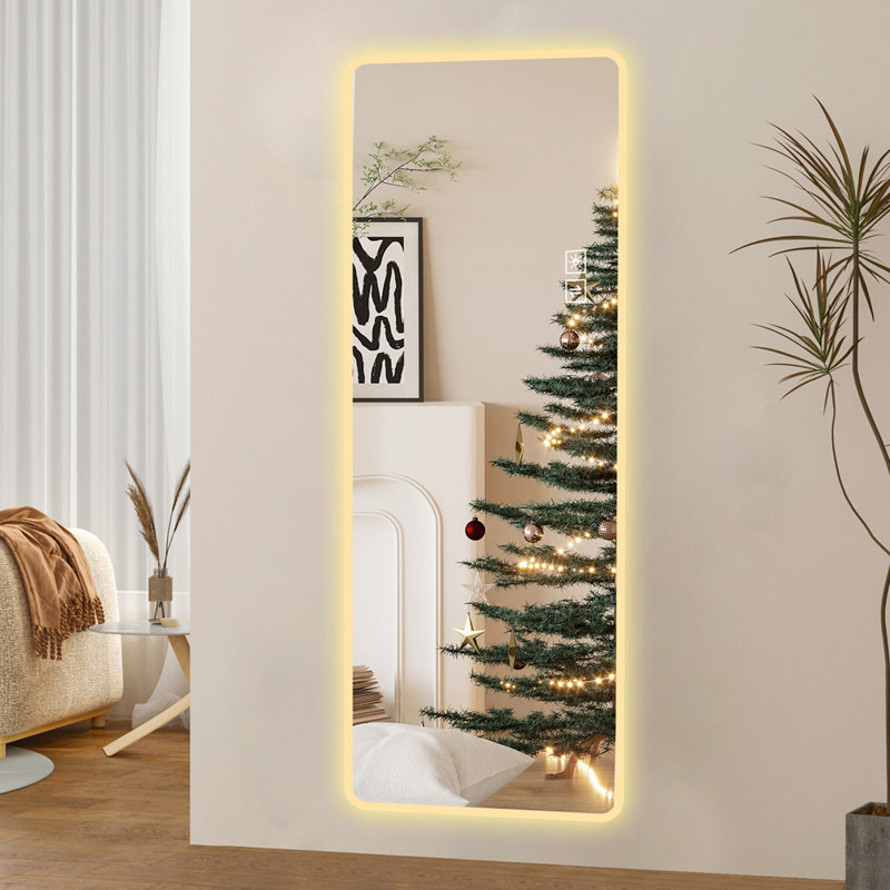 Miroir pleine grandeur avec corps de meuble-lavabo lumineux et miroir à DEL avec miroir mural de grande taille, coins arrondis, chambre à coucher, salon, vestiaire, hôtel