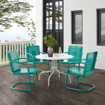 5-Piece Outdoor Dining Set For 4, Retro Metal Round Patio Table And Chairs For Deck, Turquoise Gloss