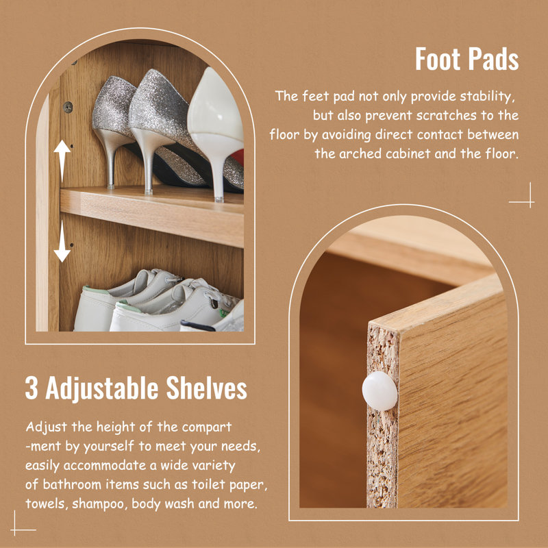 67" Tall Arched Bathroom Storage Cabinet, 8 Tiers 8 Pairs Wooden Bathroom Rack with 3 Adjustable Shelves, Natural, 1