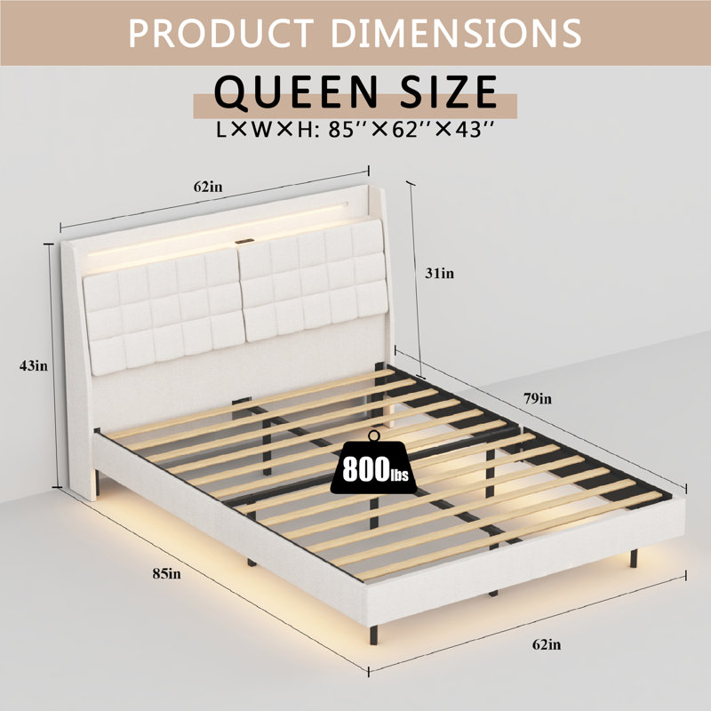 Upholstered Platform Bed Frame With Headboard - Floating Design, Built-In LED Lights, USB Charging Station & Hidden Storage.