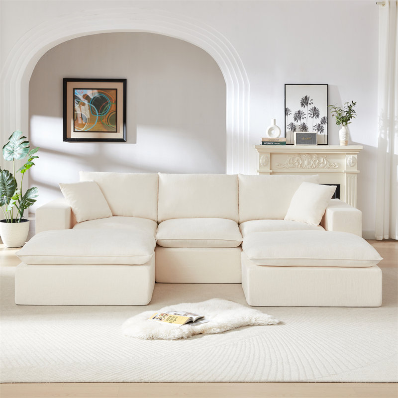 108.26" U-Shaped Sectional, White Chenille