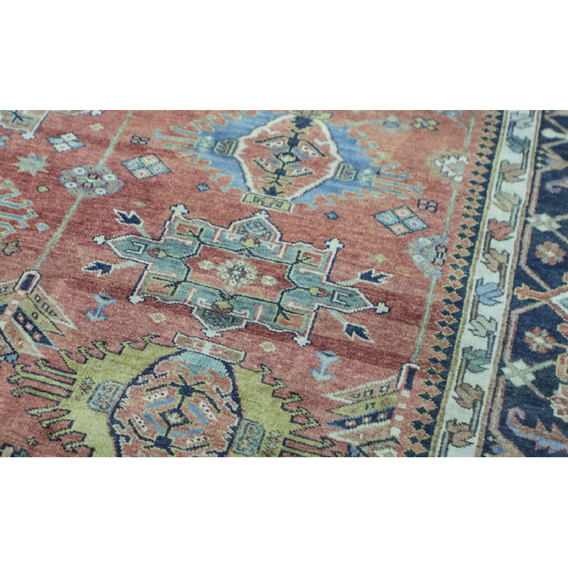 Tapis rouge et bleu noué à la main de haute qualité