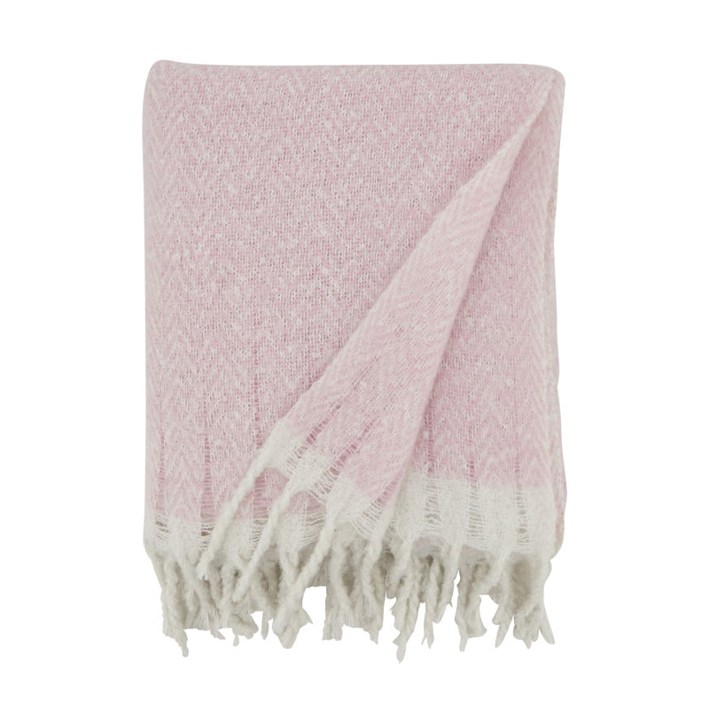 Pink Faux Mohair Herringbone Fringed Throw Blanket