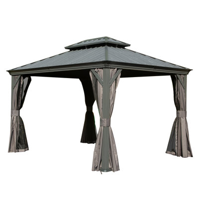 10' X 12' Hardtop Gazebo, Upgraded Metal Gazebo With Drainage System, Dual-Layer Galvanized Steel Roof, Curtain And Netting, Outdoor Shelter Canopy For Patio, Garden, And Backyard