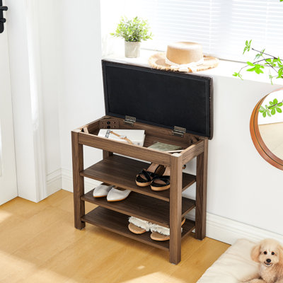 Banc brun, hauteur réglable, bois d'hévéa naturel, trois couches de rangement à hauteur réglable de style nordique et coussin confortable