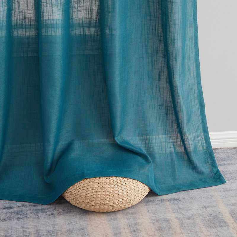 Grey Teal Faux Linen Semi-Sheer Grommet Curtain Panels, 84" Length