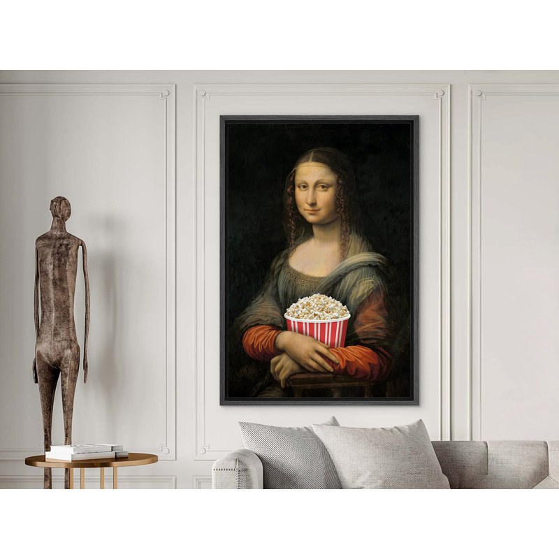 «Mona Lisa With Movie Popcorn», H 36 po x l 24 po, Cadre flottant noir