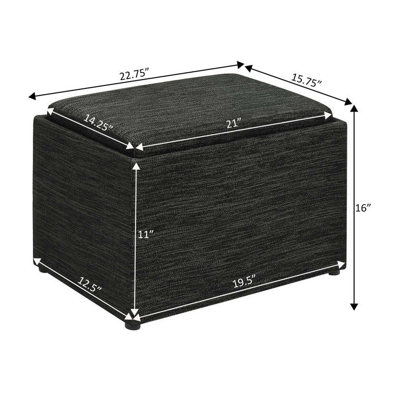 Saribel 22.75" Wide Fabric Rectangle Ottoman with Reversible Tray, Dark Charcoal Gray