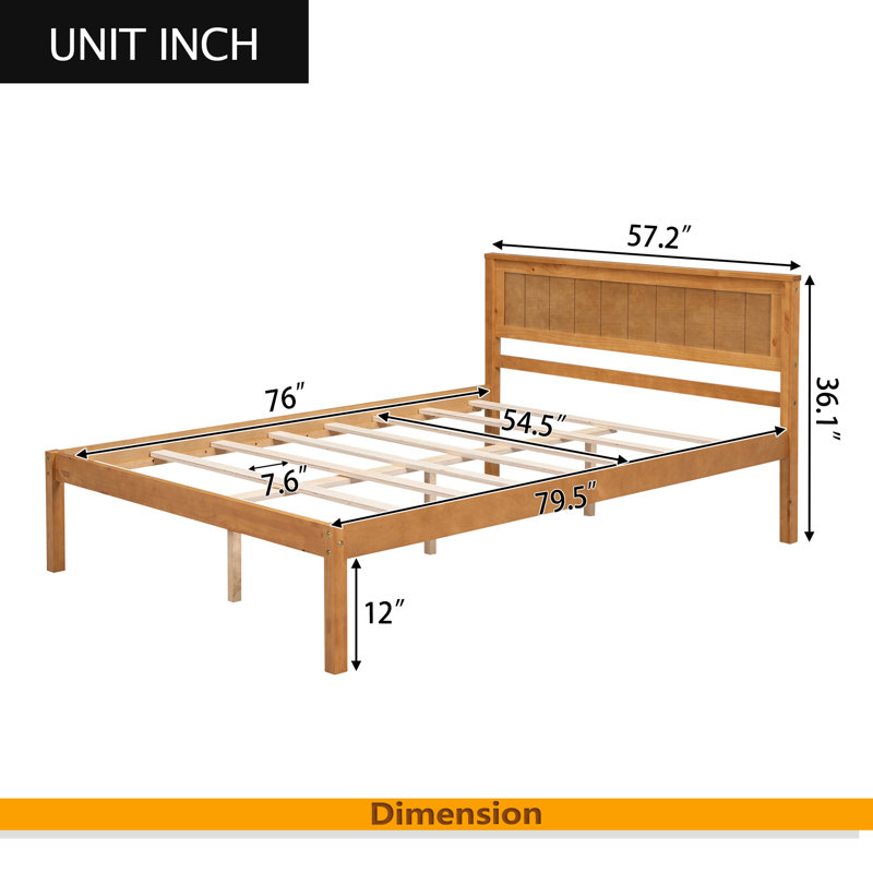 Base de lit plateforme avec tête de lit, Lit double, Chêne