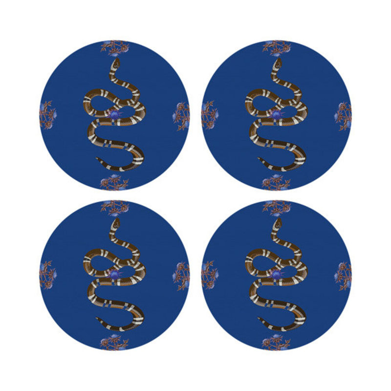 Thistle And Snake Vegan Leather Round Coasters, Blue